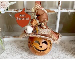 This image shows a Halloween witch decoration. It is made from a real dried gourd. Her name is Beatrice and has an orange witch hat.